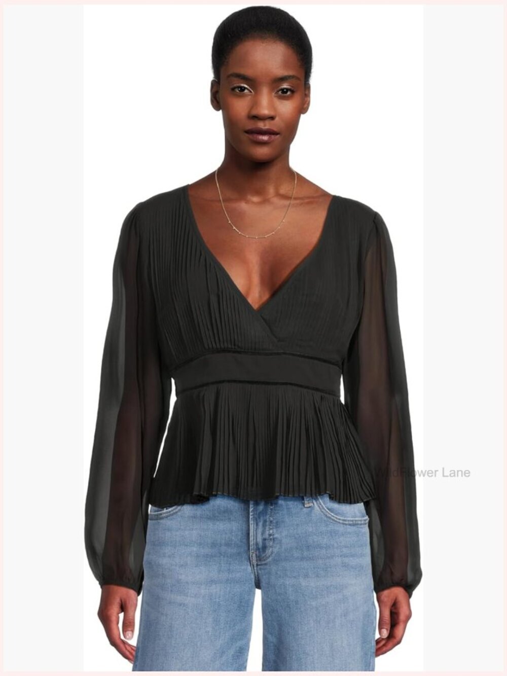 Women's Long Sleeve Pleated Blouse with V-Neck